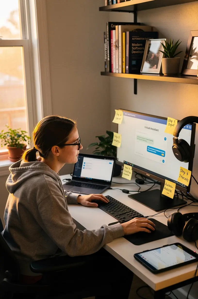 Graphic depicting robotic process automation executing repetitive tasks in a business environment.
