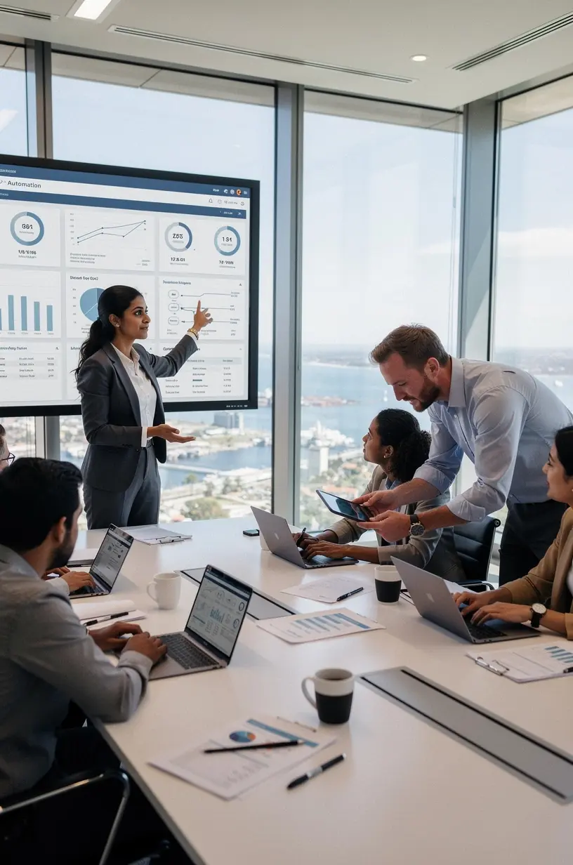 Image of a team collaborating over a digital platform integrating smart automation solutions.