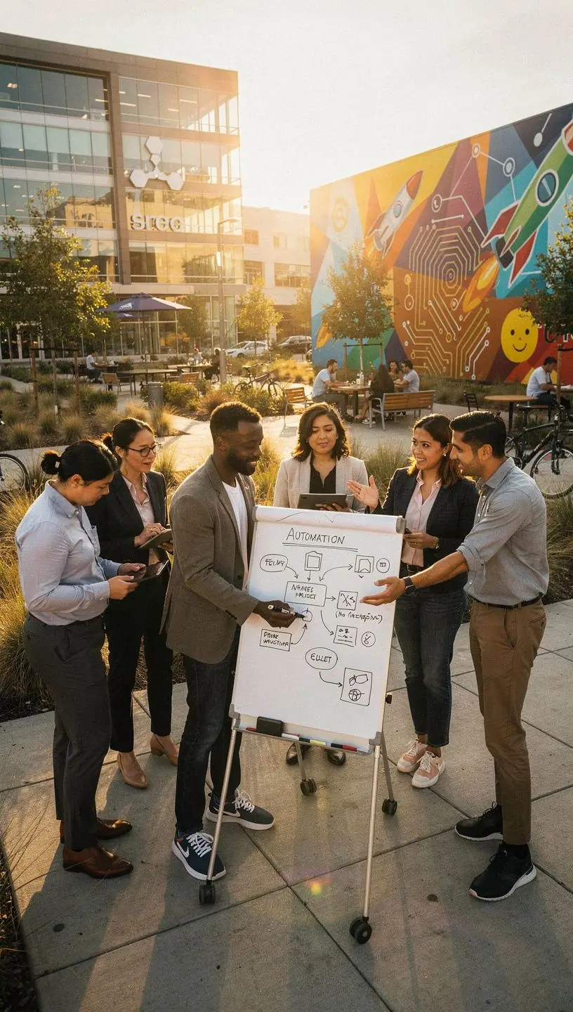 Illustration of interconnected software applications automating data flow to reduce manual input.